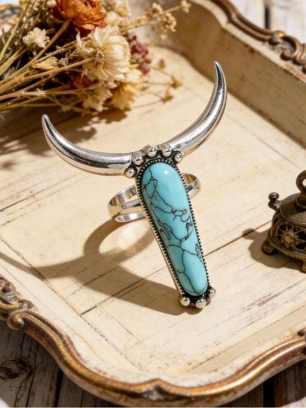 Western Cowboy Style Bull Head Faux Turquoise Adjustable Ring - Picture 2 of 10